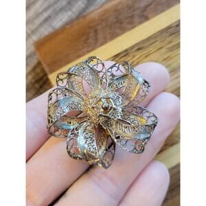 Vintage 925 Silver Filigree Flower Brooch/ TOPAZIO PORTUGAL